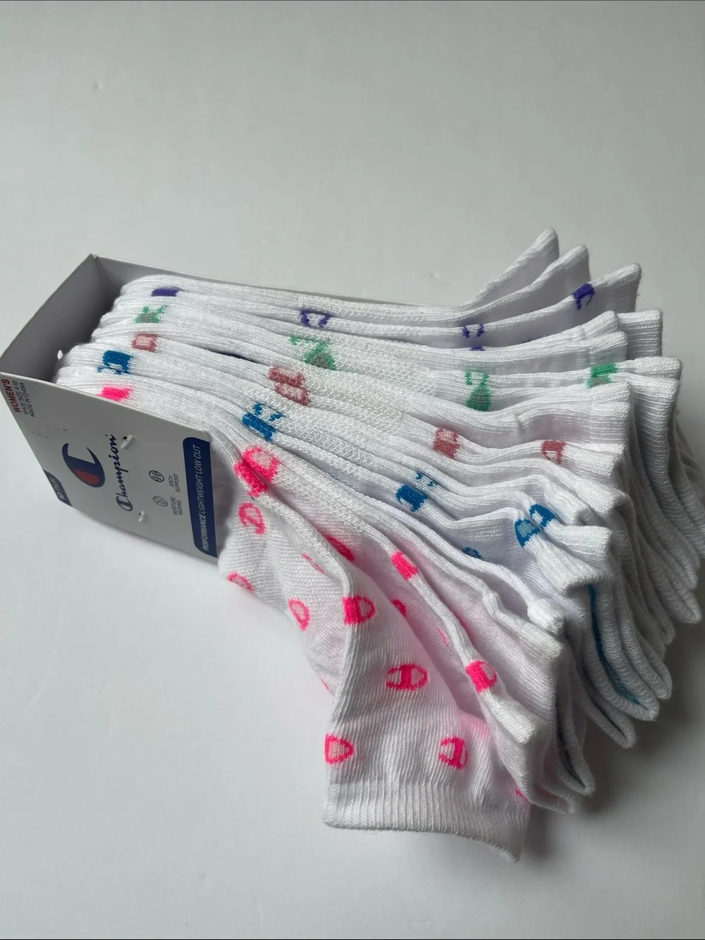 10 Pair Champion White/Multicolor Logo Lightweight‎ Low Cut Socks NWT